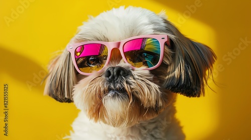 Close up photo of a cute shih tzu dog wearing colorful summer glasses and pink glasses, yellow background, summer vibes, soft pastel colors, summer light. photo