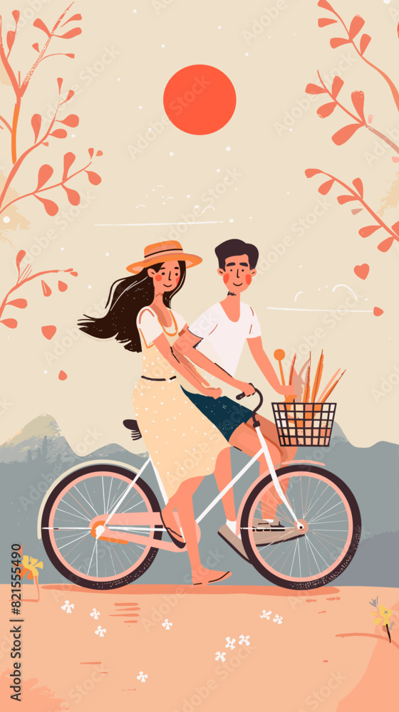  Romantic Couple Enjoying Healthy Lifestyle, Riding Tandem Bicycle in Park on Sunny Day