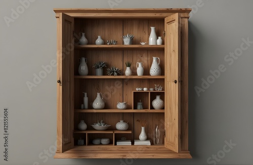 Wooden cabinet and accessories decor on transparent background.3d rendering.