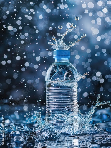  bottle of a mineral water poured a cup reflecting the visual effect of water splashes