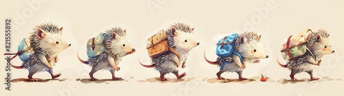 A row of cute hedgehogs walking along with backpacks, in a watercolor illustration style with pastel colors against a beige background, rendered in a hyper realistic style. photo