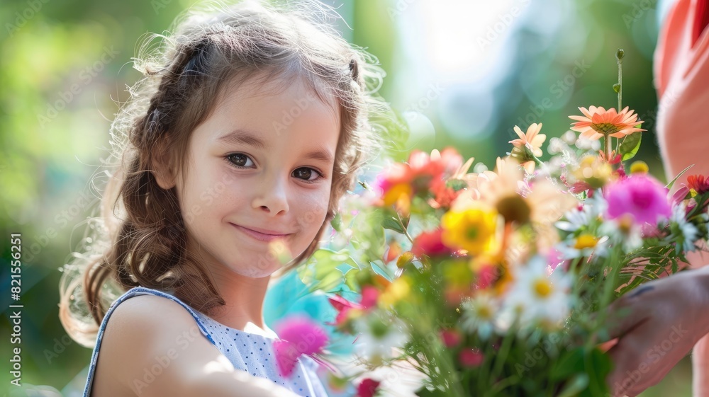 Smiling girl holding colorful flowers in garden Smiling girl holding colorful flowers in garden