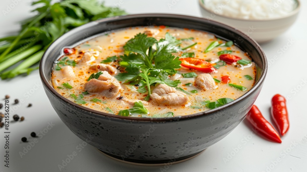 Delicious Tom Kha Gai Poster - Appetizing Thai Coconut Soup Advertisement on White Background with Bright Light Delicious Tom Kha Gai Poster - Appetizing Thai Coconut Soup Advertisement on White Background with Bright Light