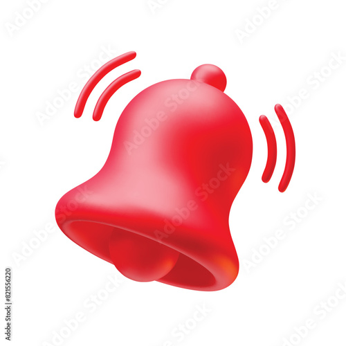 Red notification bell ringing icon 3d realistic on white. Golden notification bell for social media notice event reminder, website and app element three-dimensional rendering vector illustration