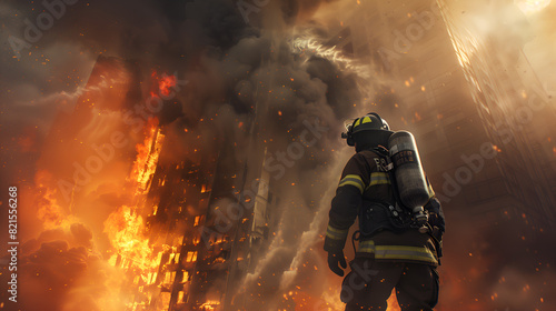A firefighter battling a raging inferno in an urban high-rise photo