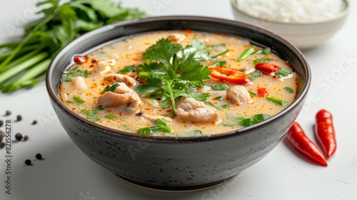Delicious Tom Kha Gai Poster - Appetizing Thai Coconut Soup Advertisement on White Background with Bright Light