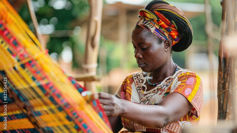 African woman weaving colorful fabric with intricate traditional patterns outdoors African woman weaving colorful fabric with intricate traditional patterns outdoors