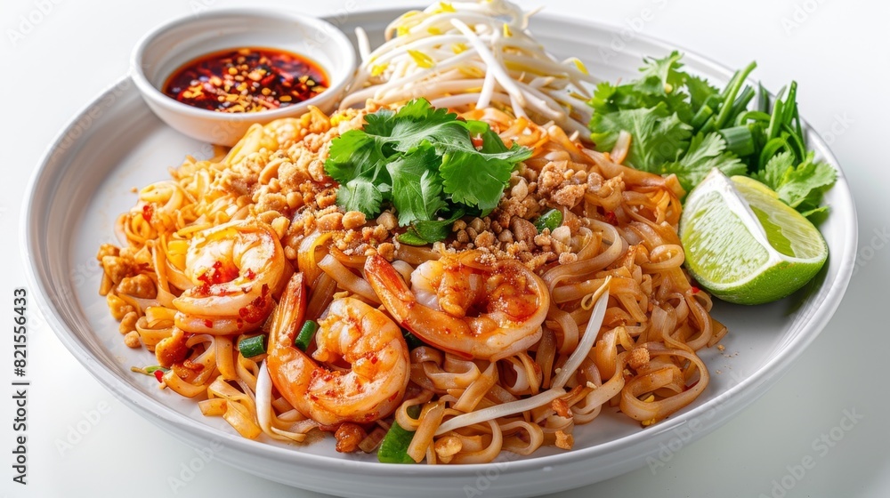 Delicious Pad Thai Poster - Freshly Prepared Asian Cuisine Advertisement on White Background with Bright Lighting Delicious Pad Thai Poster - Freshly Prepared Asian Cuisine Advertisement on White Background with Bright Lighting