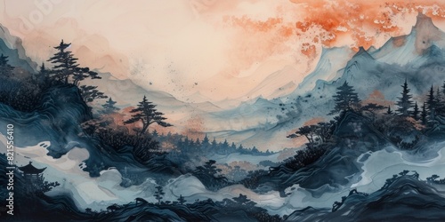 japanese landscape, Japanese watercolor, black, terracotta, gray-blue photo