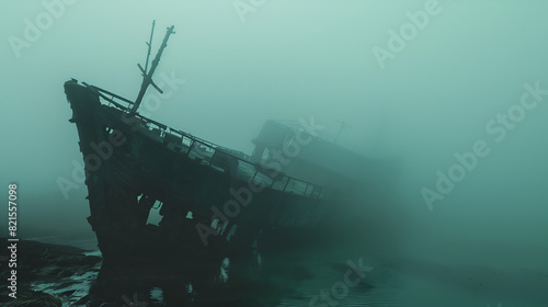 wooden ship sinking in misty sea