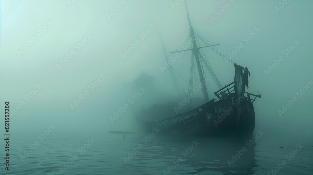 Obraz premium wooden ship sinking in misty sea