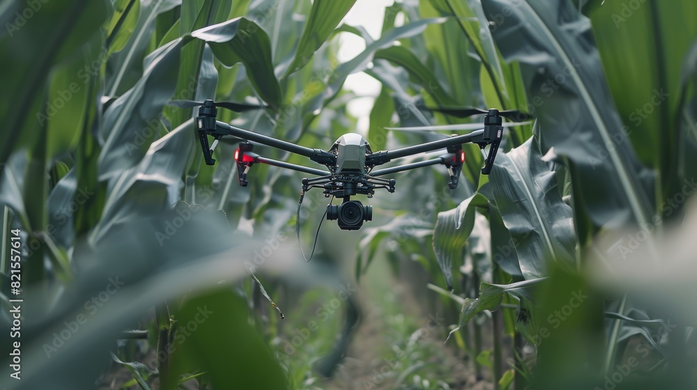 A drone equipped with a camera hovers in a lush cornfield, capturing agricultural data from above. A drone equipped with a camera hovers in a lush cornfield, capturing agricultural data from above.