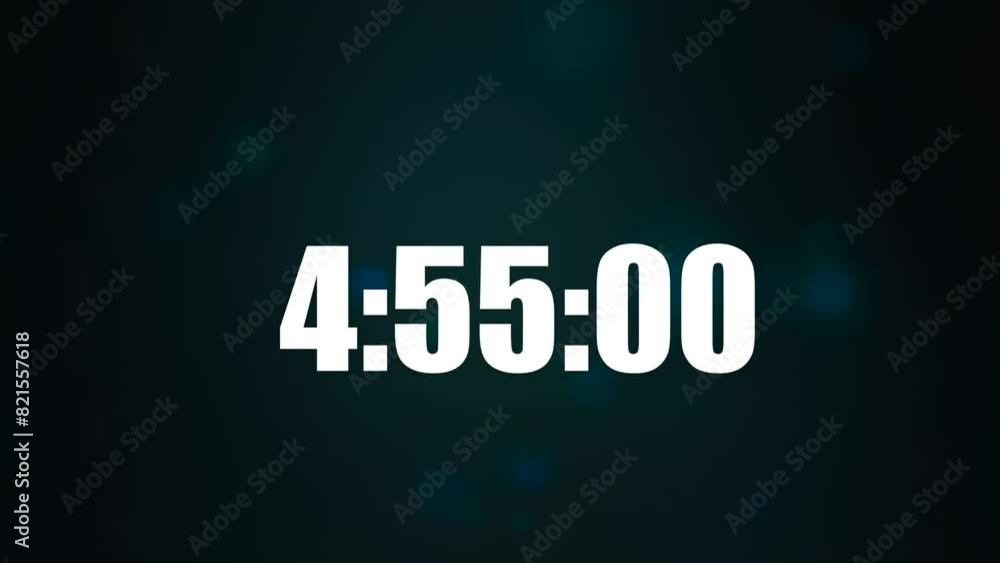 Close-up of 5 minute countdown timer. Seconds countdown timer. White numbers on a dark cloudy background. Five minute countdown. Digital countdown. 