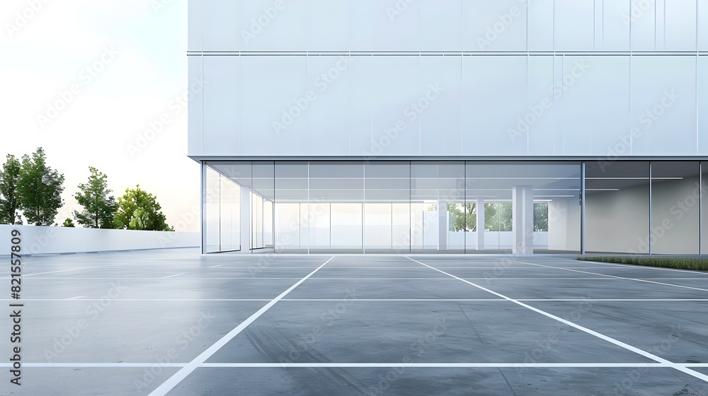 Sleek White Contemporary Glass Building and Empty Parking Lot in Tranquil Minimalist Urban Landscape Sleek White Contemporary Glass Building and Empty Parking Lot in Tranquil Minimalist Urban Landscape