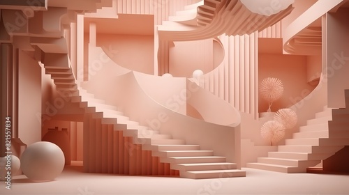 Surreal 3D Rendered Architectural Staircase in Abstract Geometric Composition