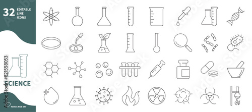 Science and experiment icons. Set of laboratory icons, test tubes, microorganisms, DNA,...