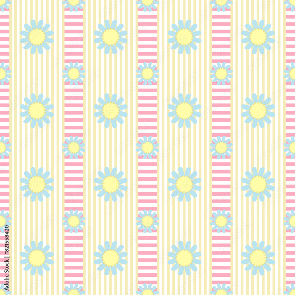 Vector pink and yellow stripes with blue flowers decorated in a cute, bright style for designing fabric patterns, gift wrapping paper, bedspreads, bags, notebook covers, wallpaper, tile patterns. Vector pink and yellow stripes with blue flowers decorated in a cute, bright style for designing fabric patterns, gift wrapping paper, bedspreads, bags, notebook covers, wallpaper, tile patterns.