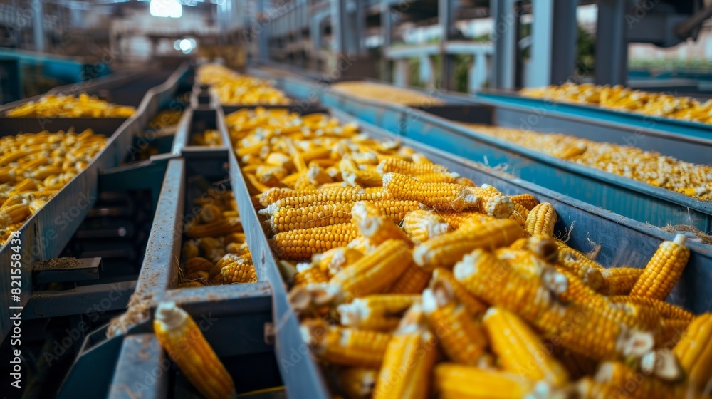 Rows of corn cobs being processed on conveyor belts inside a large agricultural facility, showcasing harvest and industrial efficiency. Rows of corn cobs being processed on conveyor belts inside a large agricultural facility, showcasing harvest and industrial efficiency.
