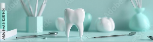 Dental model leaning on a table with different types of teeth and dentist tools, on a light blue colored background with white lighting, in a photorealistic style.