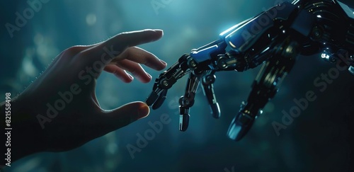 Human hand reaching out to touch the finger of an AI robot, dark background, blue and white color scheme, hyperrealistic, high resolution photography