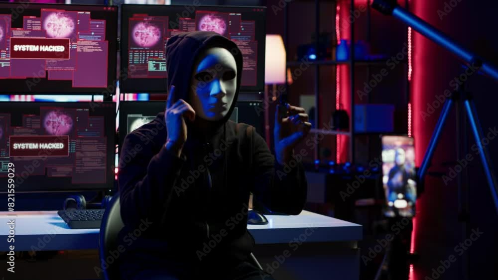 Evil programmer concealing identity using mobile phone to film ransom video in secret base. Scammer with anonymous mask using cellphone to record blackmail footage, threatening victims, camera A Evil programmer concealing identity using mobile phone to film ransom video in secret base. Scammer with anonymous mask using cellphone to record blackmail footage, threatening victims, camera A