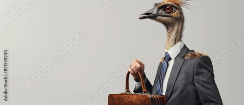 A rhea in a business suit, holding a briefcase and looking at a wristwatch, against a white background with copy space photo