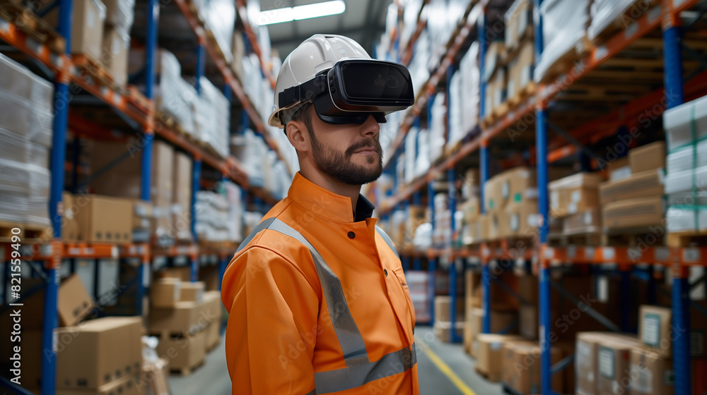 worker in modern warehouse using artificial intelligence and virtual reality based technology for management worker in modern warehouse using artificial intelligence and virtual reality based technology for management