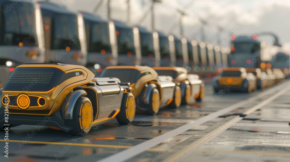 Autonomous futuristic vehicles driving on a modern highway with wind turbines and automated public transport in the background. Autonomous futuristic vehicles driving on a modern highway with wind turbines and automated public transport in the background.