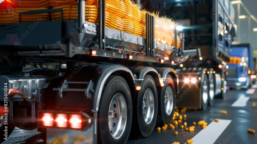 A close-up of a truck trailer loaded with corn, spilling onto a road, highlighting transportation and logistics.