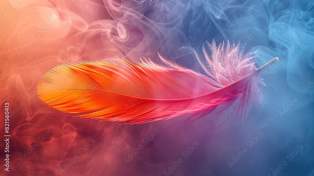 A colorful bird feather gracefully floats through the air a soft gradient background. Aesthetic design. Generative AI A colorful bird feather gracefully floats through the air a soft gradient background. Aesthetic design. Generative AI