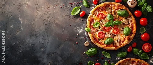 Top view of a delectable pizza with tomato, mozzarella, olives, and mushrooms with dark space for an advertisement, Generative AI. © Our Scrapbook