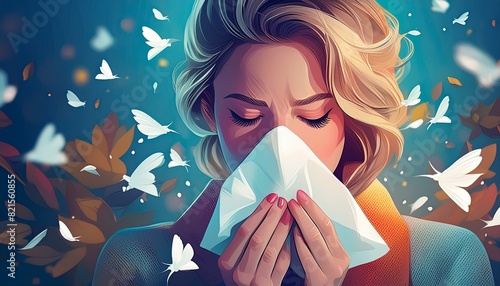 woman sneezing with tissue due to allergies or cold health concept photo