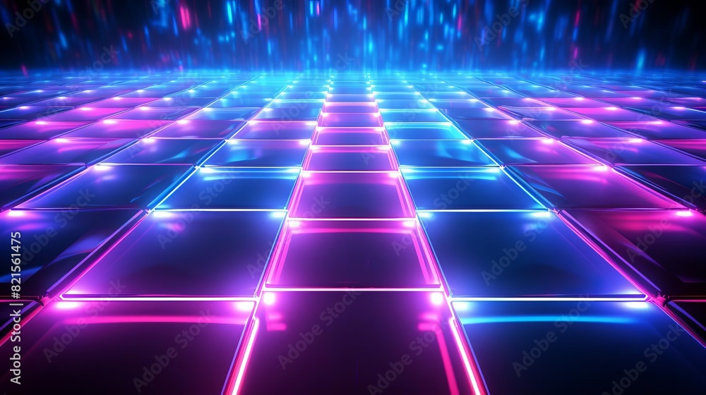 Vibrant neon lit steel-textured floor with abstract blue and pink lights creating a grid pattern in a futuristic digital space. Vibrant neon lit steel-textured floor with abstract blue and pink lights creating a grid pattern in a futuristic digital space.