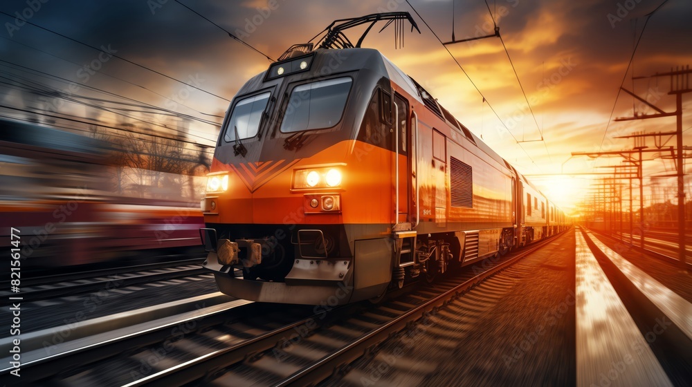 Fototapeta premium Freight train transporting goods focus on theme bulk transportation vibrant Double exposure train and railway