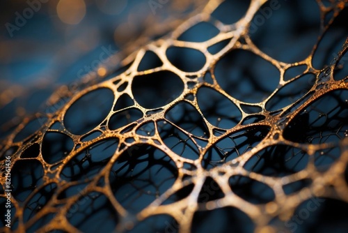 Close-up of intricate metal mesh with golden highlights and a blue background  showcasing abstract and organic patterns.