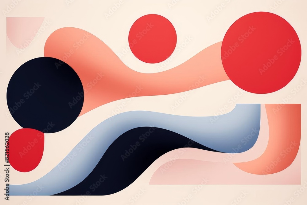 Abstract geometric artwork with flowing shapes and bold contrasting colors, featuring red and black circles against wavy backgrounds. Abstract geometric artwork with flowing shapes and bold contrasting colors, featuring red and black circles against wavy backgrounds.