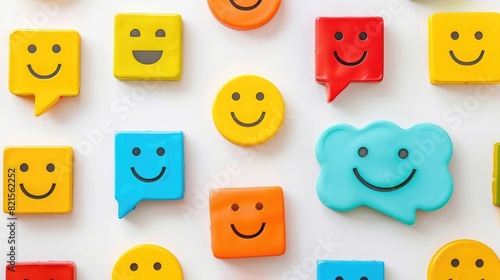 Minimalist colorful collage of smiling faces and speech bubbles on white background, flat lay