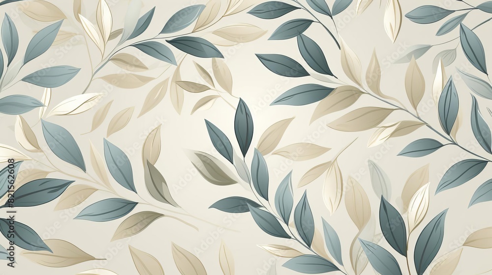 Elegant seamless floral pattern with blue and beige leaves on a light background, perfect for textiles, wallpapers, and wrapping paper.