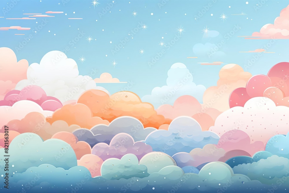 A dreamy, pastel sky filled with fluffy, colorful clouds and a bright moon, creating a serene and whimsical atmosphere. A dreamy, pastel sky filled with fluffy, colorful clouds and a bright moon, creating a serene and whimsical atmosphere.