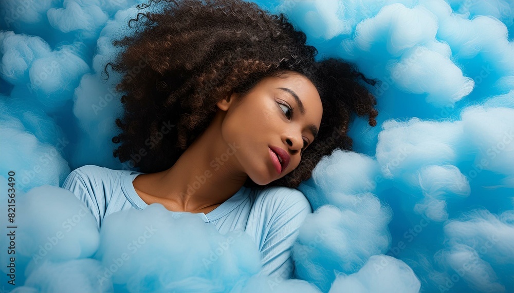 Young woman in peaceful slumber in soft, blue clouds, embodies the essence of tranquil rest and heavenly dreams, suggesting ultimate comfort and rejuvenation that of healthy sleep and wellbeing Young woman in peaceful slumber in soft, blue clouds, embodies the essence of tranquil rest and heavenly dreams, suggesting ultimate comfort and rejuvenation that of healthy sleep and wellbeing