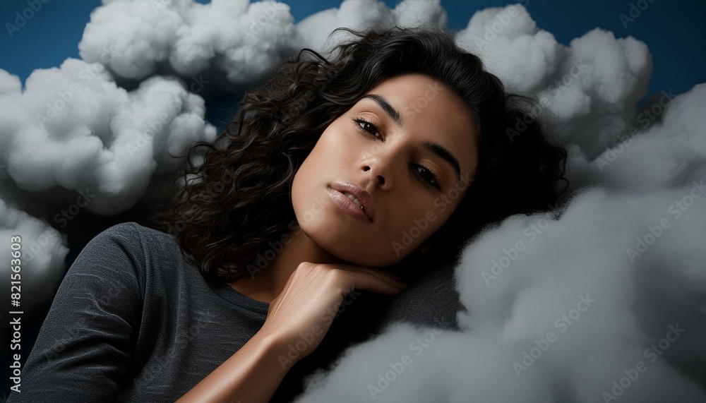 Young woman in peaceful slumber in soft, blue clouds, embodies the essence of tranquil rest and heavenly dreams, suggesting ultimate comfort and rejuvenation that of healthy sleep and wellbeing Young woman in peaceful slumber in soft, blue clouds, embodies the essence of tranquil rest and heavenly dreams, suggesting ultimate comfort and rejuvenation that of healthy sleep and wellbeing