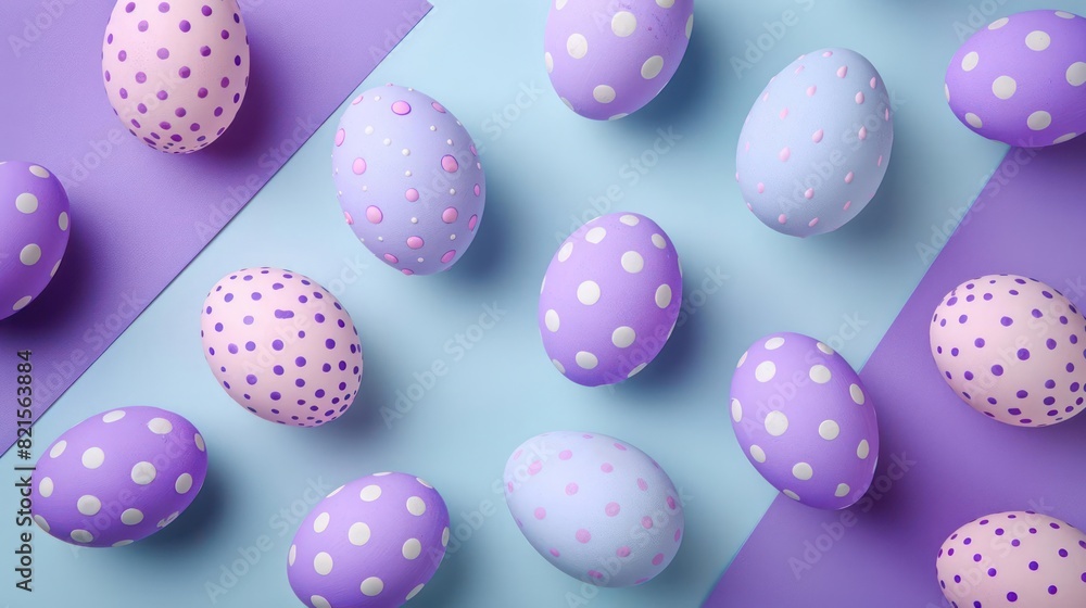 Vibrant Pastel Dyed Eggs with a Polka Dot Pattern, Arranged in a 3D Composition on a Purple Background. Vibrant Pastel Dyed Eggs with a Polka Dot Pattern, Arranged in a 3D Composition on a Purple Background.