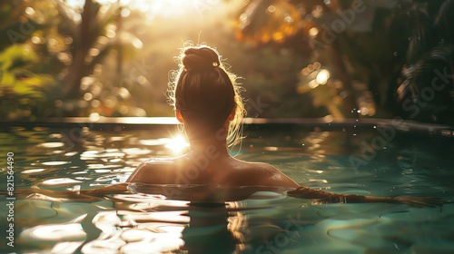 woman relaxing in the pool, tropical environment, sunlight, shot from behind with a shallow depth of field, professional photography in the style of advertising, style photograph