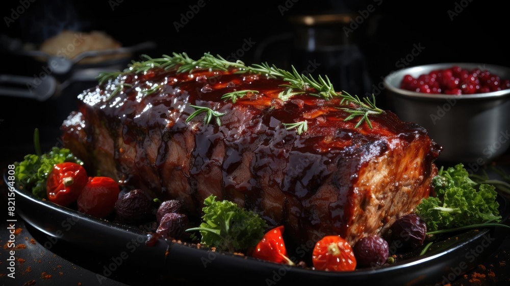 delicious meatloaf with vegetable topping, black and blurred background