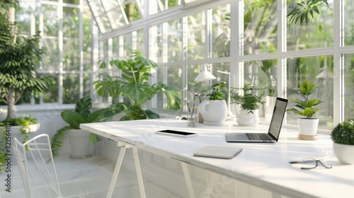 Modern white desk with laptop and notebook on it, office space in a greenhouse, home interior design of a work area at morning time, wide angle view.