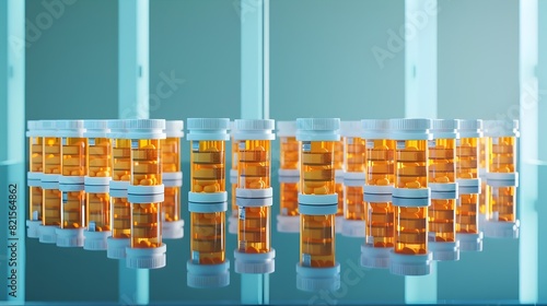 Precisionist Inspired Order of Prescription Medication Bottles on a Reflective Table photo