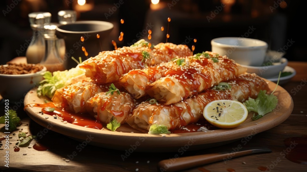 Delicious crispy tempura on a plate with blur background