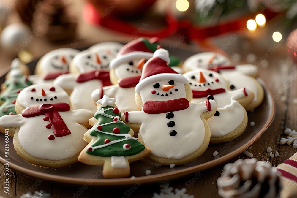 Closeup of decorated Christmas cookies with snowmen, trees and decorations on a plate, in high resolution photography, with professional color grading, soft shadows, no contrast, clean sharp focus, of Closeup of decorated Christmas cookies with snowmen, trees and decorations on a plate, in high resolution photography, with professional color grading, soft shadows, no contrast, clean sharp focus, of