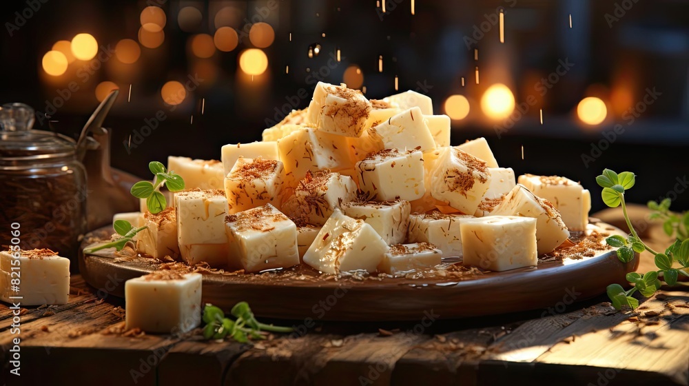 Delicious white tofu on a plate with blur background