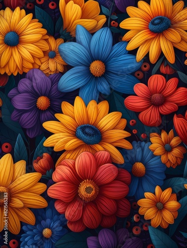 Vibrant illustrated flowers in a variety of colors.